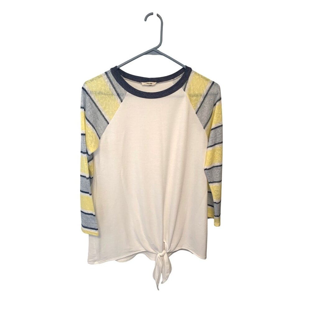 First Love Womens Size Small White Striped Yellow Blue Sleeve 3/4 Gather Tie Wai